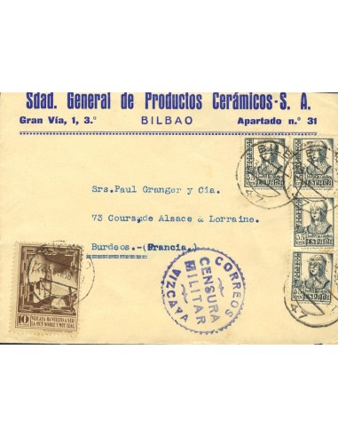 Guerra Civil. Censura Militar Bando Nacional. Sobre . 1938. 15 cts pizarra, cuatro sellos y 10 cts castaño sello local BILBAO.