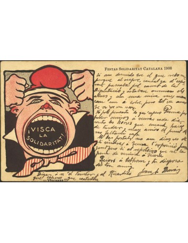 Tarjetas Postales. Sobre 243. 1906. 10 cts. Tarjeta postal ilustrada de BARCELONA a VILLANUEVA. MAGNIFICA.