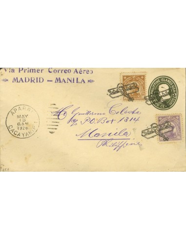 Alfonso XIII Correo Aéreo. Sobre . 1926. 2 ctv sobre entero postal con franqueo complementario de 6 ctvs y 8 ctvs. Primer corr