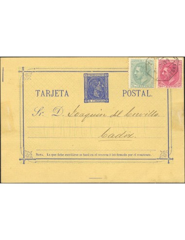 Entero Postal. Sobre EP8, 201, 202. 1880. 5 cts azul sobre tarjeta Entero Postal circulada con franqueo complementario de 5 ct