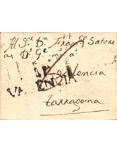 Comunidad Valenciana. Prefilatelia. Sobre . 1792. LIRIA a TARRAGONA. Marca LI / VALENCIA, de Liria (P.E.3) edición 2004. MAGNI