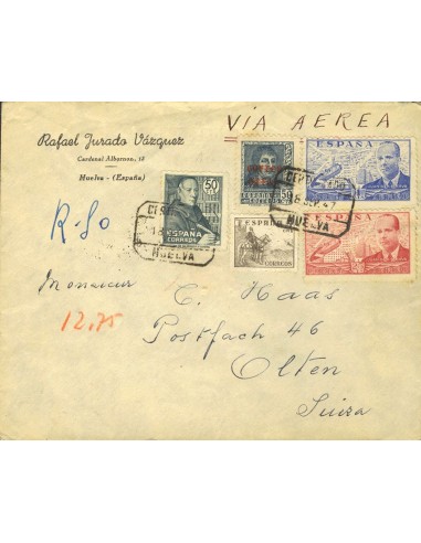 Estado Español. Sobre 1011. 1947. 5 cts, 50 cts, dos sellos, 25 cts y 1 pts. HUELVA a OLTEN (SUIZA). Al dorso llegada. MAGNIFI