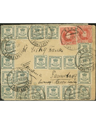 Alfonso XIII. Sobre 173(5), 243(2). 1909. 10 cts dos sellos y 1/4 cts veinte sellos. VIGO a ALEMANIA. Tarifa de 25 cts. MAGNIF