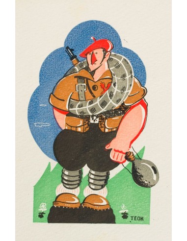 Guerra Civil. Postal Nacional. Sobre . (1937ca). Tarjeta Postal Ilustrada con caricatura REQUETE (Teok). MAGNIFICA.