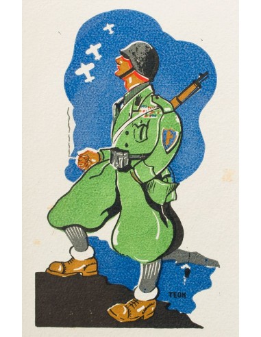 Guerra Civil. Postal Nacional. Sobre . (1937ca). Tarjeta Postal Ilustrada con caricatura SOLDADO ITALIANO (Teok). MAGNIFICA.
