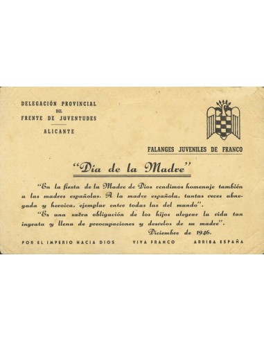 Guerra Civil. Postal Nacional. Sobre . 1946. Tarjeta postal de las Falanges Juveniles de Franco "DIA DE LA MADRE". MAGNIFICA.