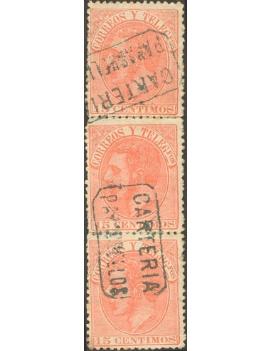 Aragón. Filatelia. º210(3). 1882. 15 cts naranja, tira vertical de tres. Matasello CARTERIA / PARACUELLOS, de Zaragoza. MAGNIF