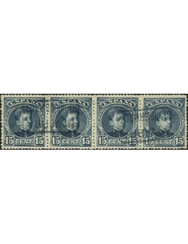 Navarra. Filatelia. º244(4). 1901. 15 cts azulado, tira de cuatro. Matasello cartería NAVARRA / RIBAFORRADA. MAGNIFICO.
