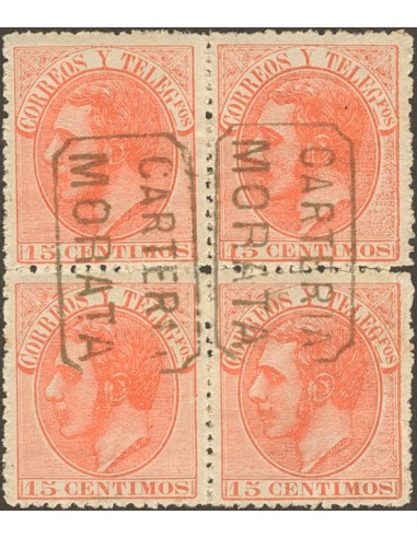 Aragón. Filatelia. º210(4). 1882. 15 cts naranja, bloque de cuatro. Matasello CARTERIA / MORATA, de Zaragoza. MAGNIFICO.