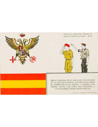 Guerra Civil. Postal Nacional. Sobre . (1937ca). Tarjeta Postal Ilustrada DIBUJO ORIGINAL DE UN SOLDADO VOLUNTARIO (Tip. Losad