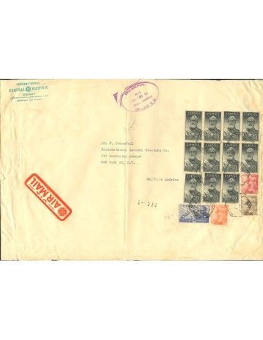 2º Centenario anterior a 1960. Sobre 1124(11). 1955. 25 pts verde, once sellos. MADRID a USA. Al dorso llegada, alguna rotura