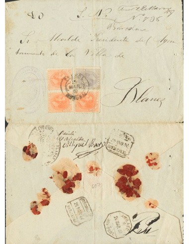 Alfonso XII. Sobre 210(3), 212. 1887. 15 cts, tres sellos y 75 cts. Certificado de FERROL a BLANES. Al dorso tránsitos y llega