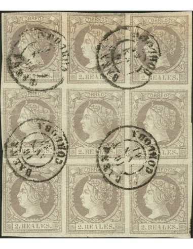 Andalucía. Filatelia. º56(9). 1860. 2 reales lila, bloque de nueve. Matasello BAENA / CORDOBA. MAGNIFICO Y RARO.