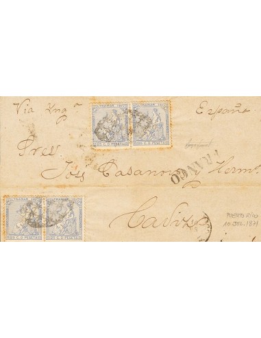 Puerto Rico. Sobre Ant. 22(4). 1872. 25 cts azul, dos parejas. SAN JUAN DE PUERTO-RICO a CADIZ. En el frente marca FRANCO. MAG