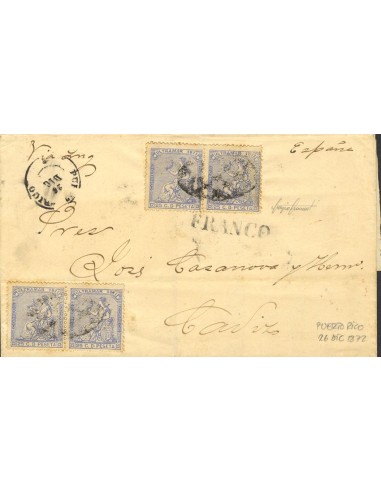 Puerto Rico. Sobre Ant. 22(4). 1872. 25 cts azul, dos parejas. SAN JUAN DE PUERTO-RICO a CADIZ. En el frente marca FRANCO. MAG