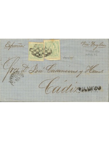 Puerto Rico. Sobre Ant. 23(2). 1872. 50 cts verde, dos sellos. SAN JUAN DE PUERTO-RICO a CADIZ. En el frente marca FRANCO. MAG