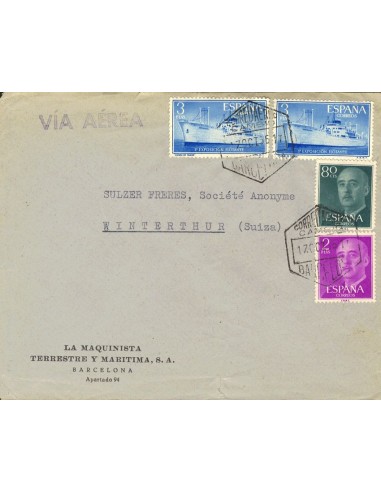 2º Centenario Correo Aéreo. Sobre 1191(2), 1152, 1158. 1956. 80 cts, 2 pts y 3 pts, dos sellos. Carta Aérea de BARCELONA a WIN