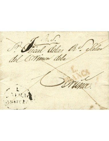 Galicia. Prefilatelia. Sobre . 1834. Plica Judicial de CASTRO DE REY a CORUÑA. Marca L / GALICIA / QUINTELA (P.E.1) y L. / FRA