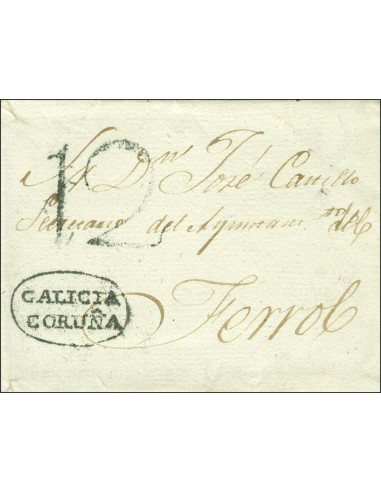 Galicia. Prefilatelia. Sobre . 1837. CORUÑA a FERROL. Marca GALICIA / CORUÑA, en verde (P.E.11) edición 2004. MAGNIFICA.