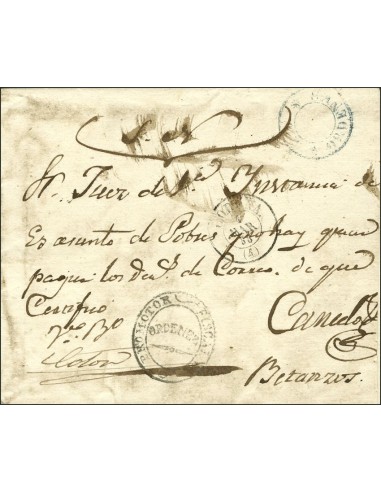 Galicia. Prefilatelia. Sobre . 1850. Plica Judicial de ORDENES a BETANZOS. Marca ORDENES, en azul. MAGNIFICA Y RARA.