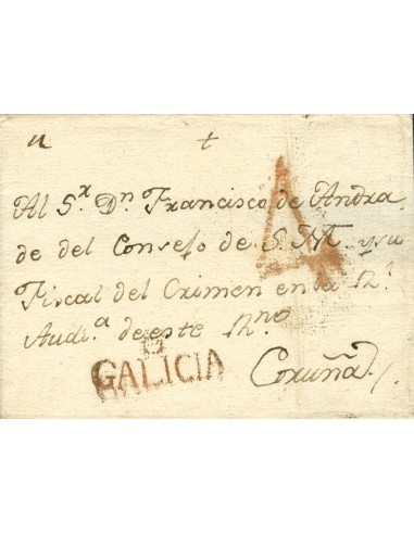 Galicia. Prefilatelia. Sobre . (1801ca). ORENSE a CORUÑA. Marca O / GALICIA, en rojo (P.E.7) edición 2004. MAGNIFICA.