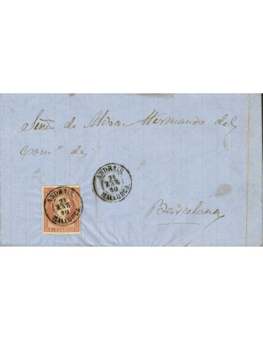 Islas Baleares. Historia Postal. Sobre 48. 1860. 4 cuartos rojo. ANDRAIS a BARCELONA. Matasello ANDRAIS / MALLORCA. MAGNIFICA.