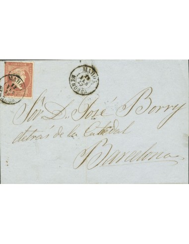 Islas Baleares. Historia Postal. Sobre 48. 1859. 4 cuartos rojo. MAHON a BARCELONA. Matasello MAHON / MENORCA. MAGNIFICA.