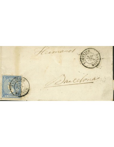 Islas Baleares. Historia Postal. Sobre 81. 1866. 4 cuartos azul. MANACOR a BARCELONA. Matasello MANACOR / MALLORCA. MAGNIFICA.
