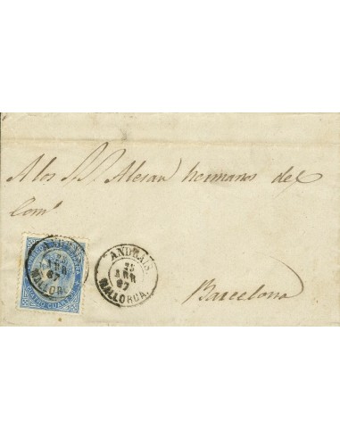 Islas Baleares. Historia Postal. Sobre 88. 1867. 4 cuartos azul. ANTRAITX a BARCELONA. Matasello ANDRAIS / MALLORCA. MAGNIFICA