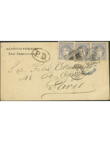 País Vasco. Historia Postal. Sobre 107(3). 1871. 50 mils azul, tres sellos. SAN SEBASTIAN a PARIS. MAGNIFICA E INUSUAL FORMA D