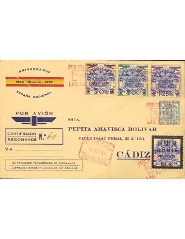 Canarias. Sobre 31/33, Fis 58. 1937. Serie completa, 60 cts azul, MOVIL y 10 cts sello local LAS PALMAS. Carta Aérea Certifica