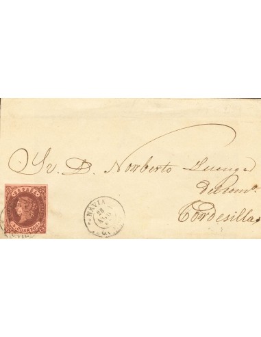 Asturias. Historia Postal. Sobre 58. 1863. 4 cuartos castaño. NAVIA a TORDESILLAS. Matasello NAVIA / TORDESILLAS. MAGNIFICA.