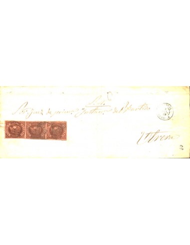 Andalucía. Historia Postal. Sobre 58(3). 1862. 4 cuartos castaño, tres sellos. Plica Judicial de NEBRIJA a SEVILLA. Matasello