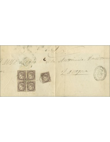 Aragón. Historia Postal. Sobre 98(5). (1868ca). 50 mils, bloque de cuatro y un sello. Frontal de Plica Judicial de SARIÑENA a