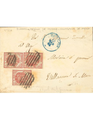 Castilla y León. Historia Postal. Sobre 33A(3). 1855. 4 cuartos carmín, pareja y un sello. BURGOS a VILLASANTE. Triple porte.