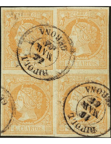 Cataluña. Filatelia. º52(4). 1860. 4 cuartos naranja, bloque de cuatro. Matasello RIPOLL / GERONA. MAGNIFICO.