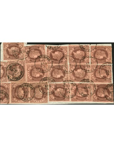 Andalucía. Filatelia. Fragmento 58(16). 1862. 4 cuartos castaño dieciseis sellos, sobre fragmento. Matasellos CABRA / CORDOBA.