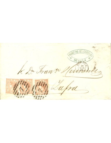 Andalucía. Historia Postal. Sobre 96(3). 1867. 50 mils castaño, tres sellos. SEVILLA a ZAFRA. Triple porte. MAGNIFICA.