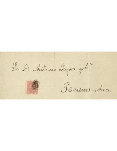 Asturias. Historia Postal. Sobre 202. 1879. 10 cts rosa. Impreso de VILLANUEVA DEL GRAO a BUENOS AIRES. MAGNIFICO Y RARO.