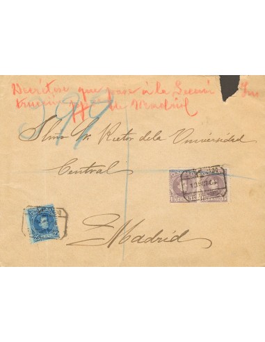Castilla-La Mancha. Historia Postal. Sobre 246(2), 248. 1904. 15 cts violeta, pareja y 25 cts azul. Certificado de CIUDAD REAL