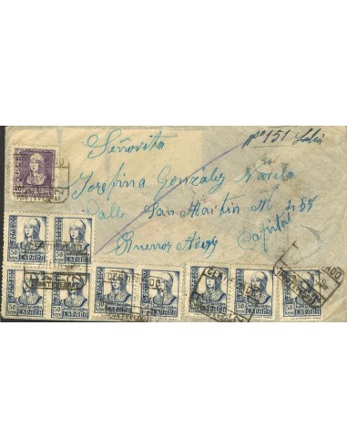 Estado Español Correo Certificado. Sobre 825(13), 859. 1939. 40 cts lila, 50 cts azul trece sellos. Certificado de PONTEVEDRA