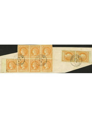 Islas Baleares. Filatelia. Fragmento 52(9). 1860. 4 cuartos naranja, bloque de siete y pareja, sobre fragmento. Matasello YNCA