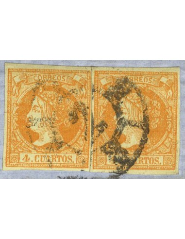Falso Postal. Fragmento 52F(2). 1860. 4 cuartos amarillo, dos sellos, sobre fragmento. FALSO POSTAL TIPO II. MAGNIFICO Y RARO.