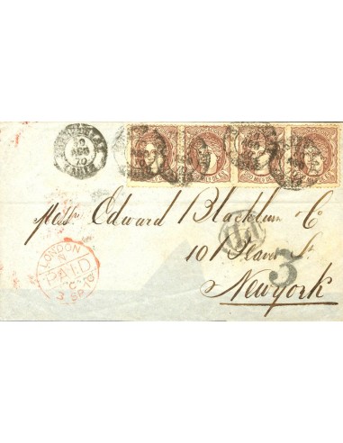 Andalucía. Historia Postal. Sobre 109(4). 1870. 200 mils, tira de cuatro. CADIZ a NUEVA YORK (USA). MAGNIFICA.