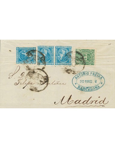 Alfonso XII. Sobre 164(3), 154. 1876. 5 cts verde y 10 cts azul, tres sellos. BARCELONA a MADRID. MAGNIFICA.