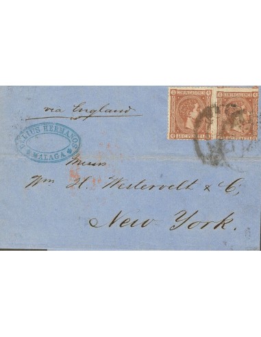 Andalucía. Historia Postal. Sobre 167(2). 1875. 40 cts, dos sellos. MALAGA a NUEVA YORK (USA). MAGNIFICA.