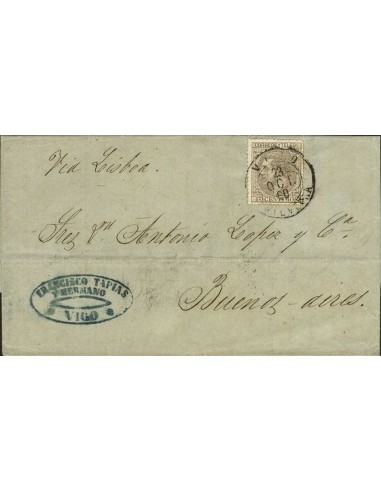 Galicia. Historia Postal. Sobre 205. 1880. 40 cts castaño. VIGO a BUENOS AIRES (ARGENTINA). MAGNIFICA.