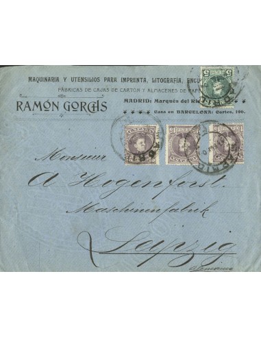 Madrid. Historia Postal. Sobre 242, 245(3). 1905. 5 cts verde y 15 cts lila, tres sellos. MADRID a LEIPZIG (ALEMANIA). MAGNIFI