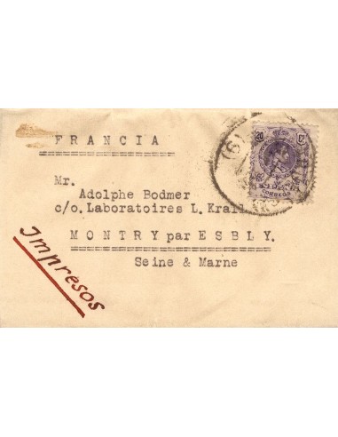 Cataluña. Historia Postal. Sobre 273. 1909. 20 cts violeta. Faja de periódico de BARCELONA a SEINE-MARNE (FRANCIA). MAGNIFICA.