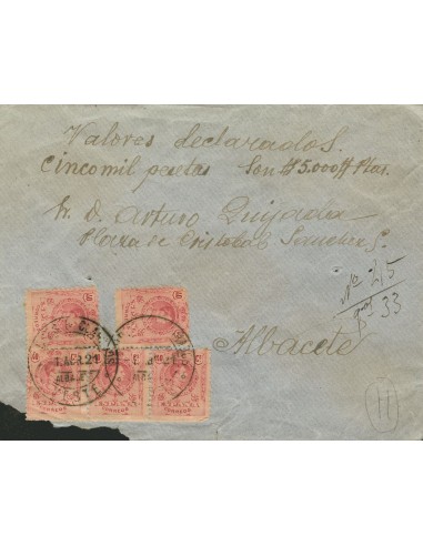 Murcia. Historia Postal. Sobre 276(5). 1921. 40 cts rosa, cinco sellos. Valores Declarados de YESTE a ALBACETE. Manuscrito "Ci